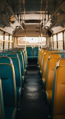 Fototapeta premium Empty vintage bus interior with teal and yellow seats at sunset