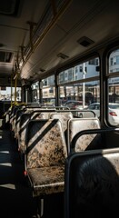 Obraz premium Empty city bus interior with patterned seats and sunlight
