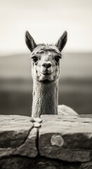 Fototapeta premium A curious llama peeps over a stone wall in a monochrome photograph, exuding a sense of gentle inquisitiveness.