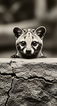 A captivating close-up portrait of a small, spotted genet curiously observing from atop a weathered stone.