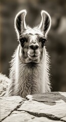 Fototapeta premium A captivating black and white portrait of a llama, exuding serenity and character, stands against a soft-focus background, its gentle eyes and expressive features inviting connection and admiration.