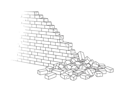 Crumbling brick wall with pile of fallen bricks falling