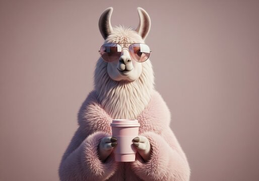 A stylish llama wearing sunglasses and a pink fluffy coat holds a pink coffee cup