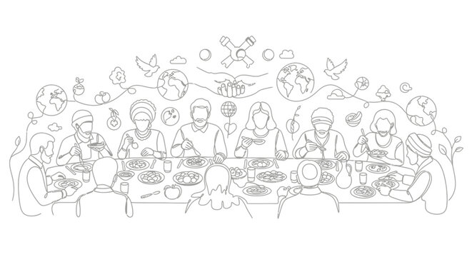 Diverse group of people sharing a meal, symbols of unity and global connection