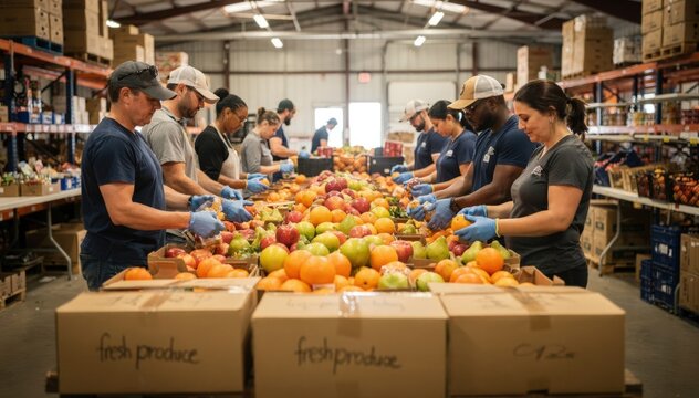 Volunteers sorting fresh produce at a food rescue warehouse focusing on inspecting fruits with blurred shelves of donations in the background.