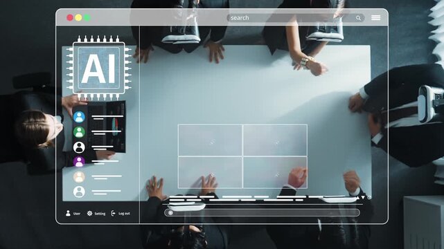 A diverse business team collaborates in a modern workspace, utilizing cutting-edge artificial intelligence technology displayed on a digital screen to enhance creativity and innovation. Raster