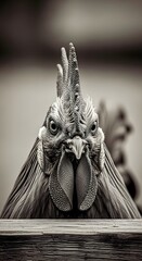 A striking close-up of a rooster, captured in monochrome, showcasing its intricate details and imposing presence, conveying power and confidence.