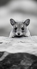 An adorable hyrax emerges from its rocky shelter, captivating viewers with its endearing gaze in striking monochrome.