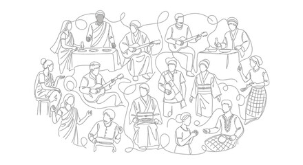 Obraz premium Diverse People in Traditional Clothing, Global Culture, Music, Unity