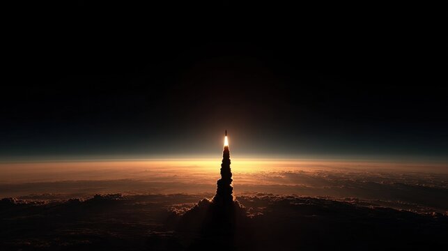 Rocket launches into the sky as the sun rises above the horizon during an early morning in space