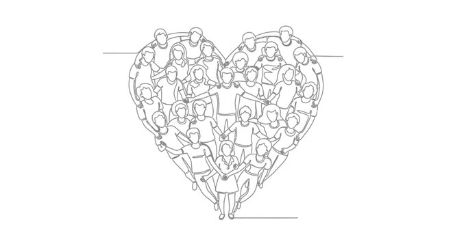 People Forming Heart Shape, Love and Unity Concept, Simple Line Art Illustration