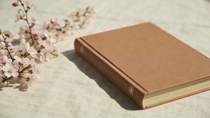 Fototapeta premium A closed brown book rests beside delicate cherry blossoms on a textured surface