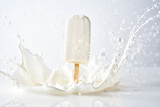 A creamy white popsicle splashing into a pool of milk