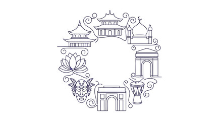 Naklejka premium Cultural Icons Wreath: Global Landmarks, Symbols, and Art Styles