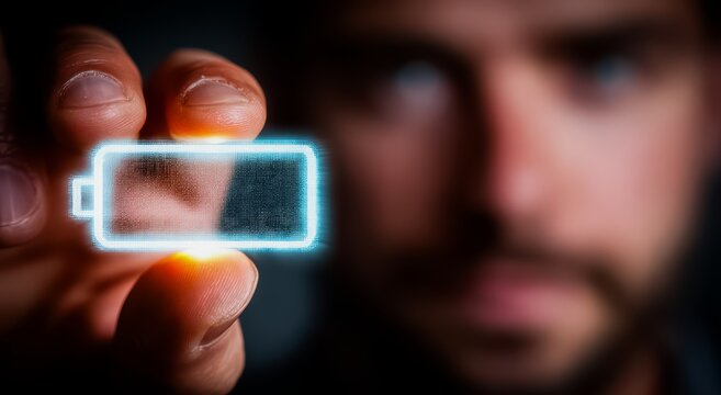 Man is holding a battery in his hand. The battery is glowing and he is almost dead