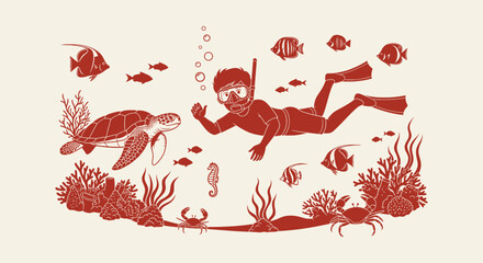 Young boy snorkeling in the ocean with sea turtle, fish, seahorse and coral reef vector design © Tajul
