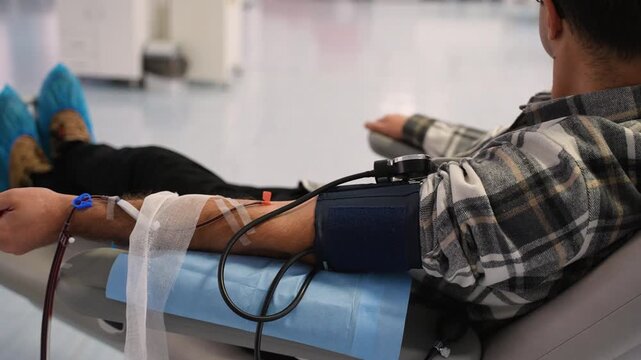 Male volunteer donating blood in a hospital transfusion center