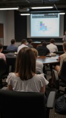 Fototapeta premium The image shows a group of people seated in an indoor setting, attentively watching and listening to a presentation on a screen. The attendees appear engaged and are likely participating in a
