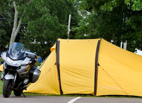 Motorcycle Tent Camping in a Parking Lot