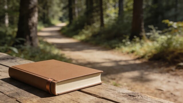 A closed brown book rests on a wooden table in a sun-dappled forest path