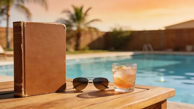Relaxing by the pool with a book, sunglasses, and a refreshing drink