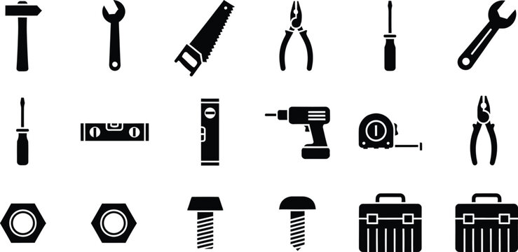 Collection of black silhouette icons representing various hand tools and construction hardware.
