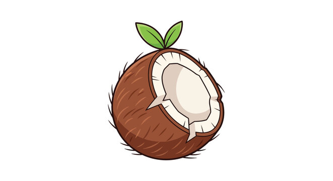 A colorful cartoon illustration depicts a halved coconut with a green sprout emerging