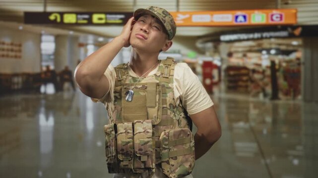 Man soldier in military uniform wearing camouflage cap and tactical vest touches head with hand and dogtag visible in airport terminal; uncertainty duty.