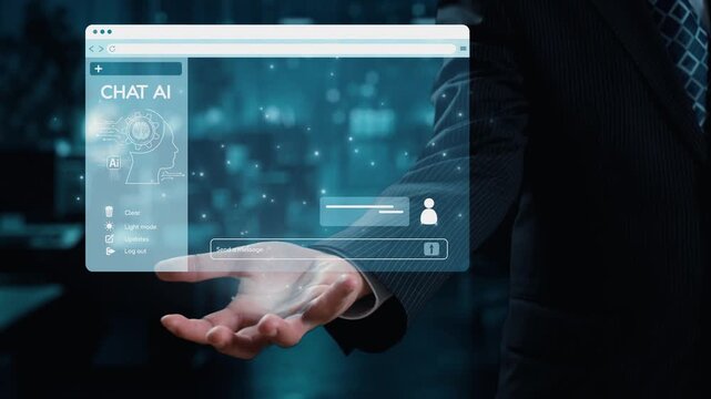 A business professional presents a futuristic chat AI interface with messages floating in the air, symbolizing innovation and modern communication technology. Qubit