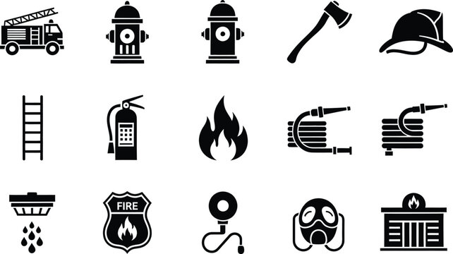 A collection of fifteen black and white firefighter equipment icons on a white background.
