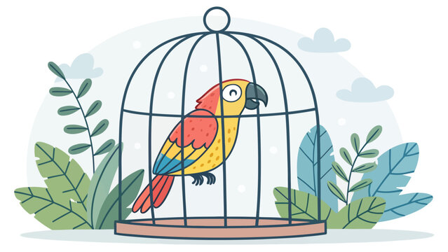 A colorful parrot perched inside a small cage surrounded by lush green leaves and blue clouds.