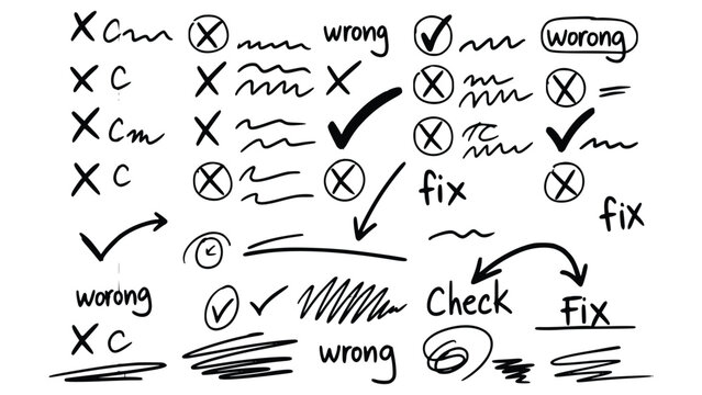 Hand drawn checkmarks and x marks for editing and correcting documents