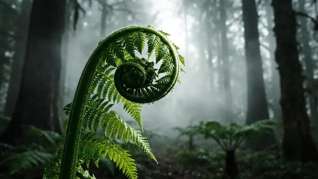 Close-up of a unfurling fern frond in a misty, ancient forest with sunbeams