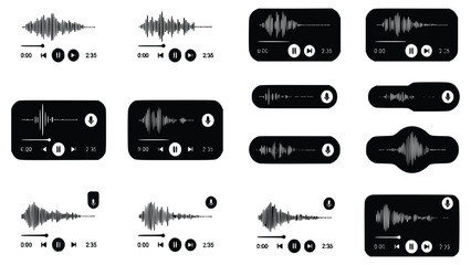 Various audio waveform player icons in different shapes and styles for music and podcast applications on digital devices © Ajoy