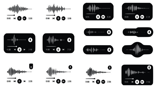 Various audio waveform player icons in different shapes and styles for music and podcast applications on digital devices