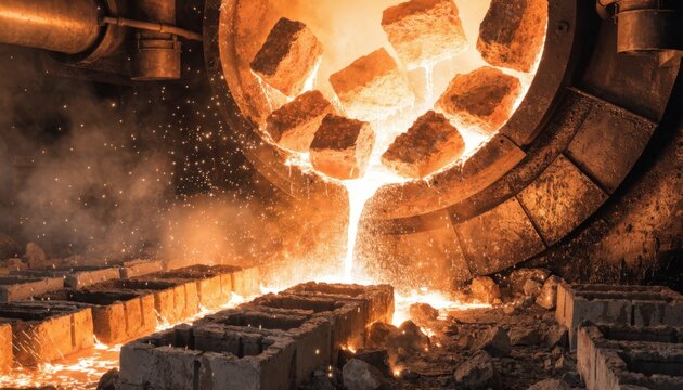 Rotary furnace interior captured in medium shot with molten refractory material poured into molds creating heatresistant bricks under intense thermal conditions.
