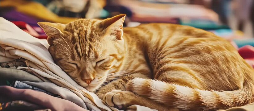 Ginger tabby cat sleeping on colorful textiles within a traditional Southeast Asian batik market featuring sunlit awnings and local vendors selling handwoven fabrics