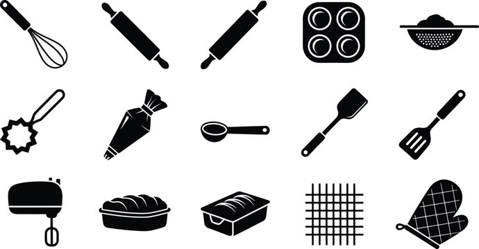 Collection of black and white icons representing various baking and kitchen tools on a white background