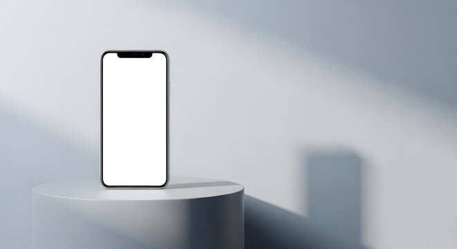 Modern smartphone on minimalist stand with soft gradient blue background