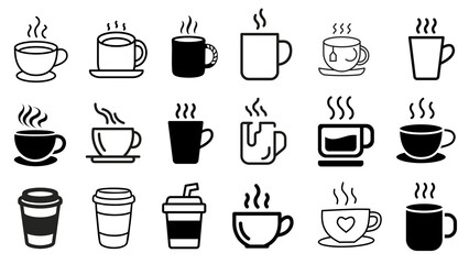 Coffee and Tea Cup Icon Set, Hot Drink Mug Vector Illustration Collection, Beverage Symbols for Cafe Menu and Digital Interface, Black Minimalist Outline and Silhouette Icons © Illustor Pro
