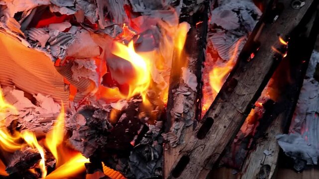 close-up of burning material in a fire. Bright orange flames actively consuming the material, likely cardboard or paper. This could be part of a campfire, fire pit, or burn pile.