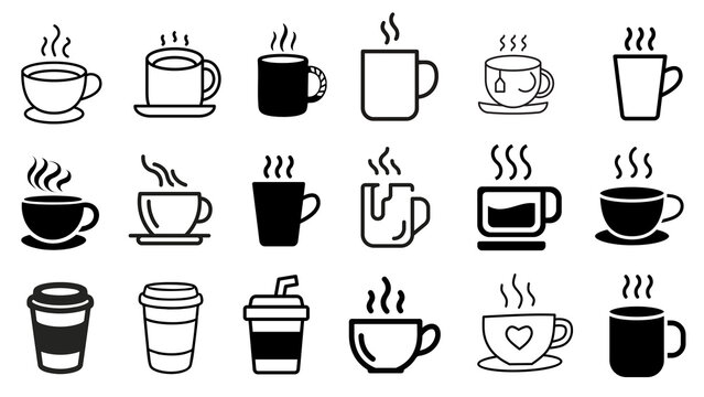 Coffee and Tea Cup Icon Set, Hot Drink Mug Vector Illustration Collection, Beverage Symbols for Cafe Menu and Digital Interface, Black Minimalist Outline and Silhouette Icons