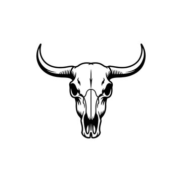 A black and white vector illustration of a bull skull with long horns. A classic, rustic design perfect for western, ranch, and southwestern-themed branding.