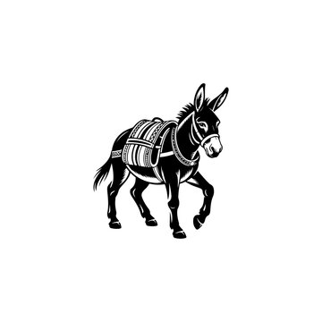 A black and white vector silhouette of a saddled donkey. This sturdy and iconic design is perfect for farm, rustic, transportation, or heritage-themed branding.
