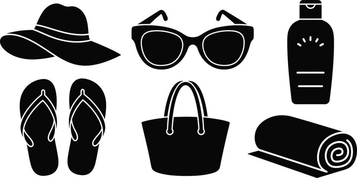 Summer vacation glyph icon set beach essentials sunglasses hat sunscreen vector
