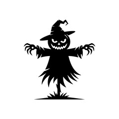 Fototapeta premium A black and white vector silhouette of a spooky scarecrow with a jagged, menacing grin and a tattered hat. A perfect design for Halloween themes and decorations.
