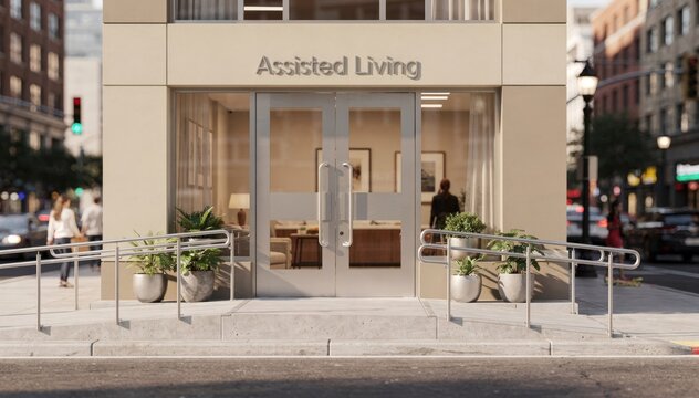 Front view of an urban assisted living homes facade featuring modern signage glass doors and a ramp with bustling city elements softly out of focus behind.