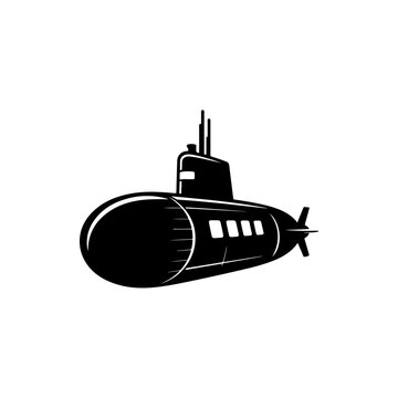 A black and white vector silhouette of a classic submarine cruising underwater. A sleek, bold design ideal for naval, maritime, or adventure-themed branding projects.