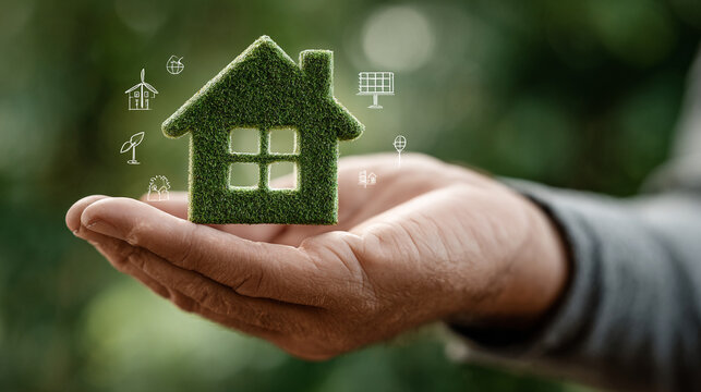 A hyperrealistic eco-friendly house concept of a hand presenting glowing green house icon with renewable energy symbo