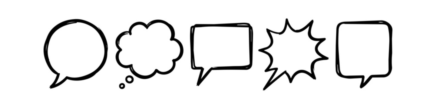 Set of five hand-drawn speech and thought bubbles in a sketchy doodle style. Collection of comic dialogue balloons isolated on white background for communication and storytelling concepts.